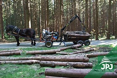 Vyvážacie vlek Vahva Jussi 320 v kombinácii so živým koňom.